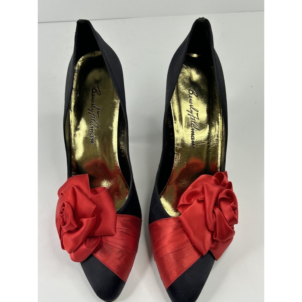 Beverly Feldman La Rosa Pumps Heels Vtg 80 Black Red Satin Rose Flower 9 Narrow